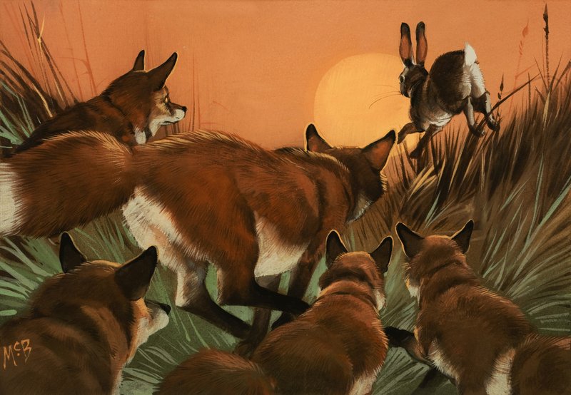 Foxes chasing a rabbit by English School