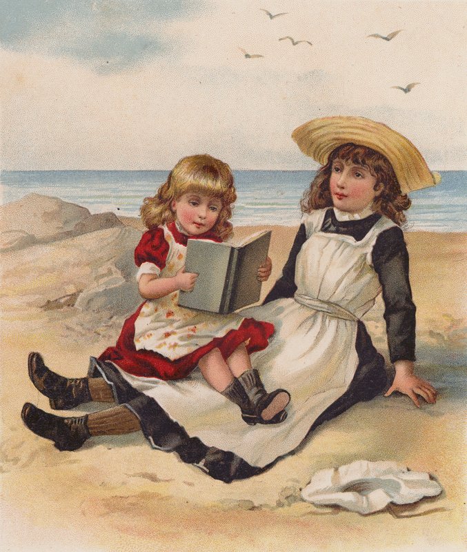 Girls reading on a beach by English School