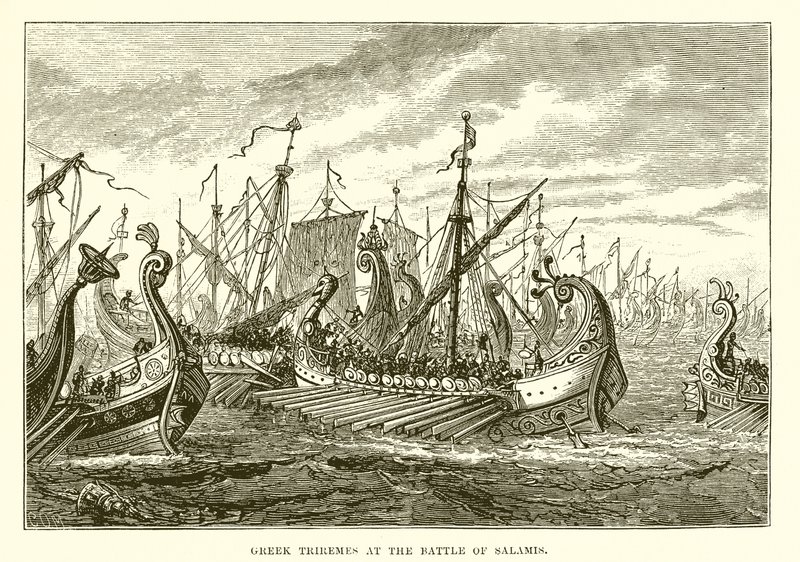 Greek Triremes at the Battle of Salamis by English School