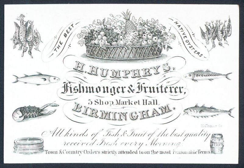 H Humphrys, Fishmonger and Fruiterer, Trade Card by English School