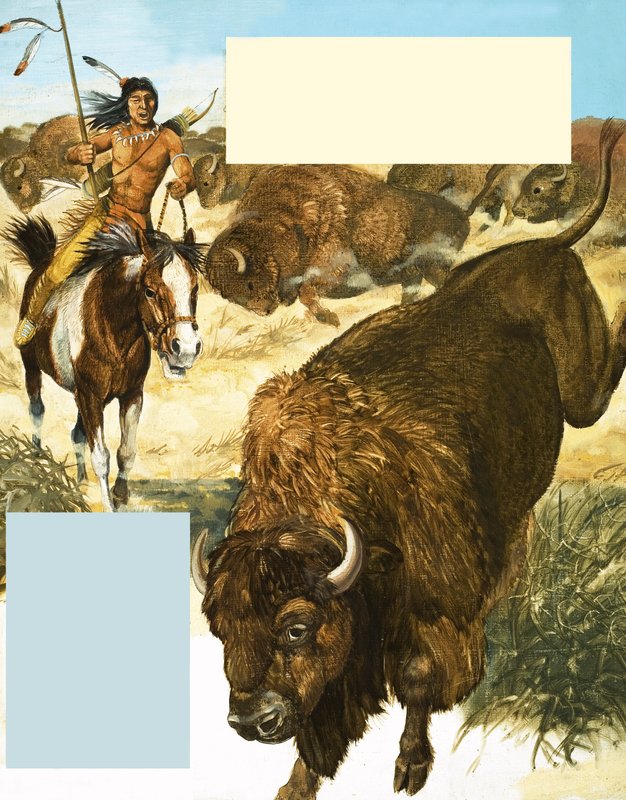 Indian chasing down a buffalo by English School