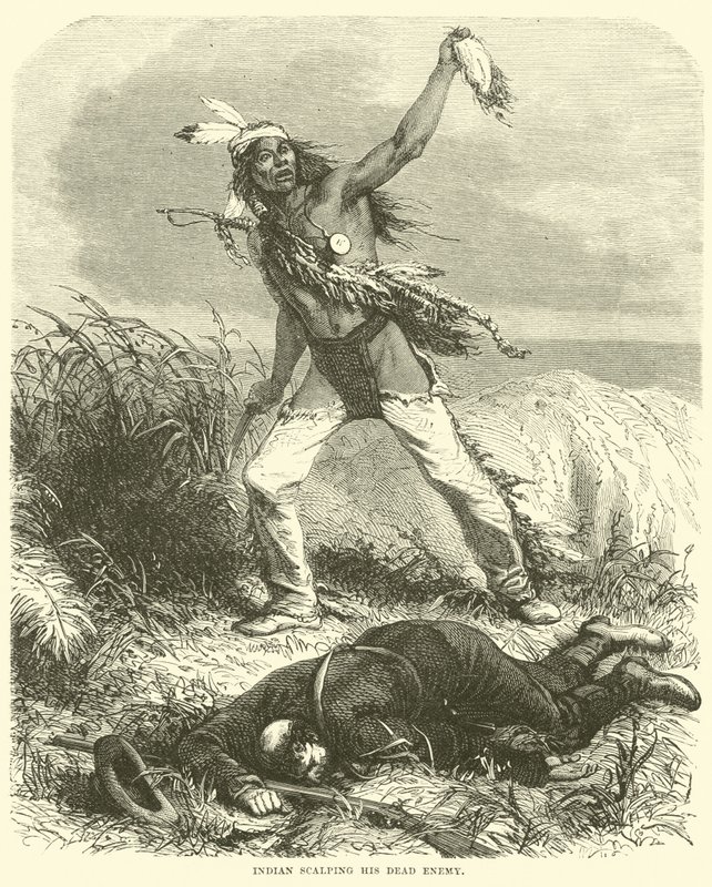Indian scalping his dead enemy by English School