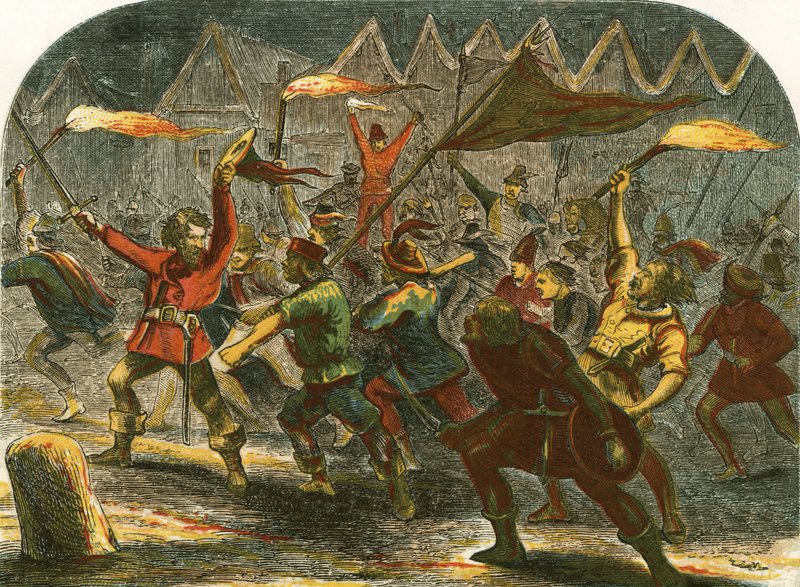 Jack Cade attacking London at night by English School