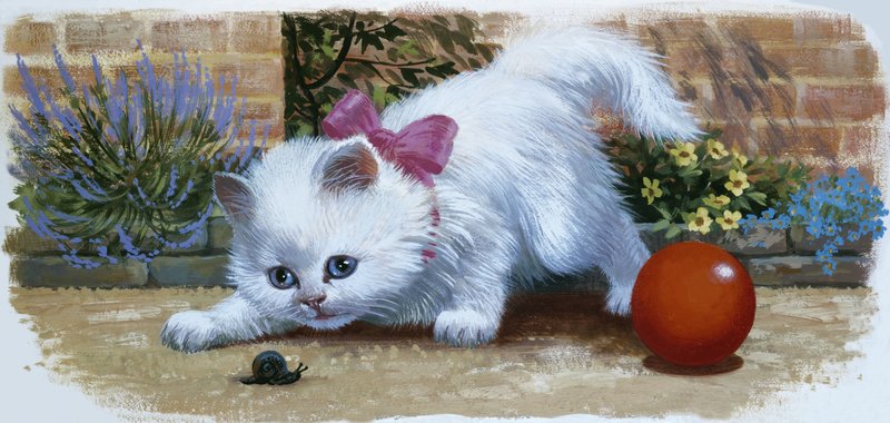 Kitten with snail and ball by English School