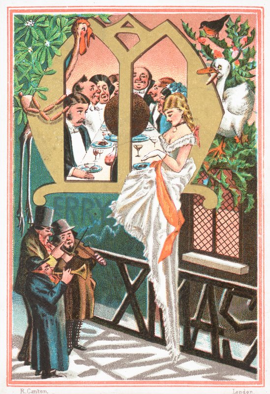 Lady being serenaded by musicians by English School