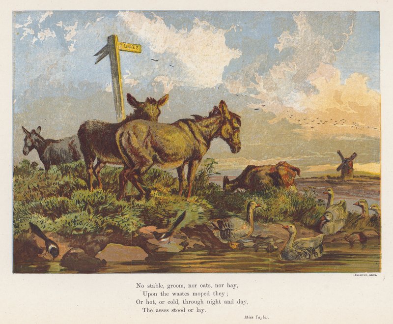 Landscape with donkeys and birds by English School