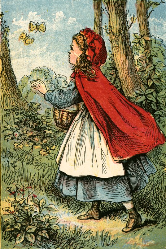 Little Red Riding Hood catching butterflies by English School
