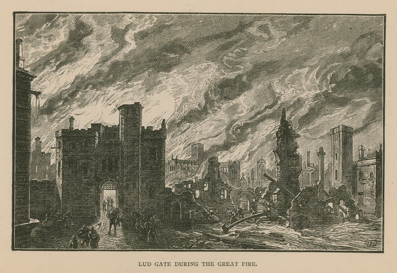 Ludgate during the Great Fire by English School