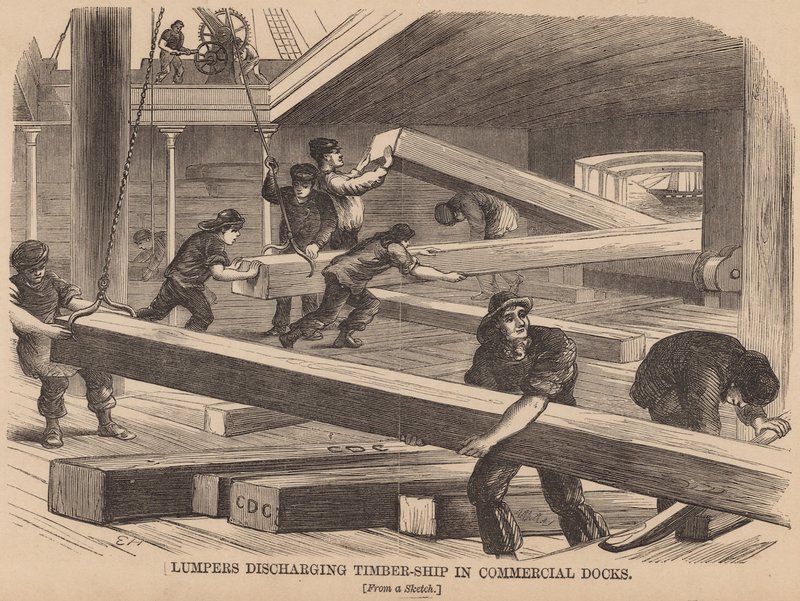 Lumpers Discharging Timber-Ship in Commercial Docks by English School