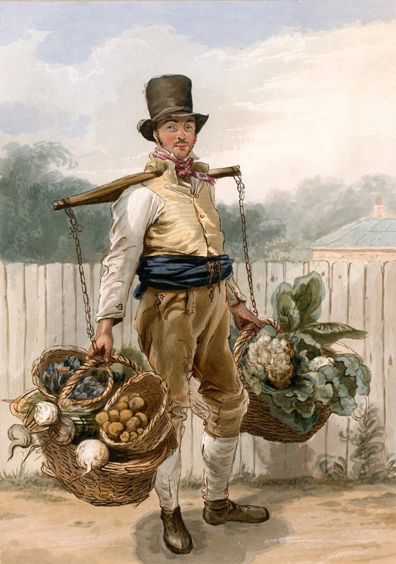 Man carrying vegetables by English School