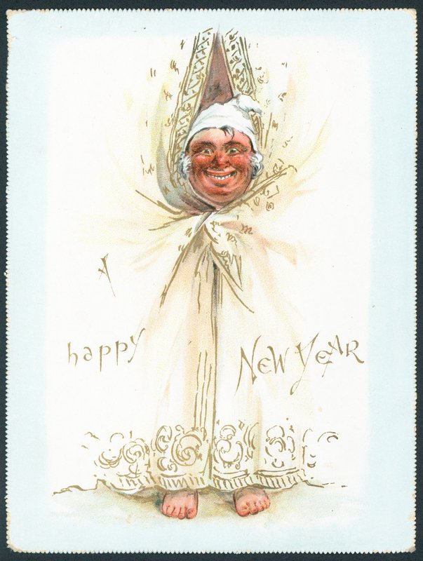 Man peeking through curtains, New Year Card by English School