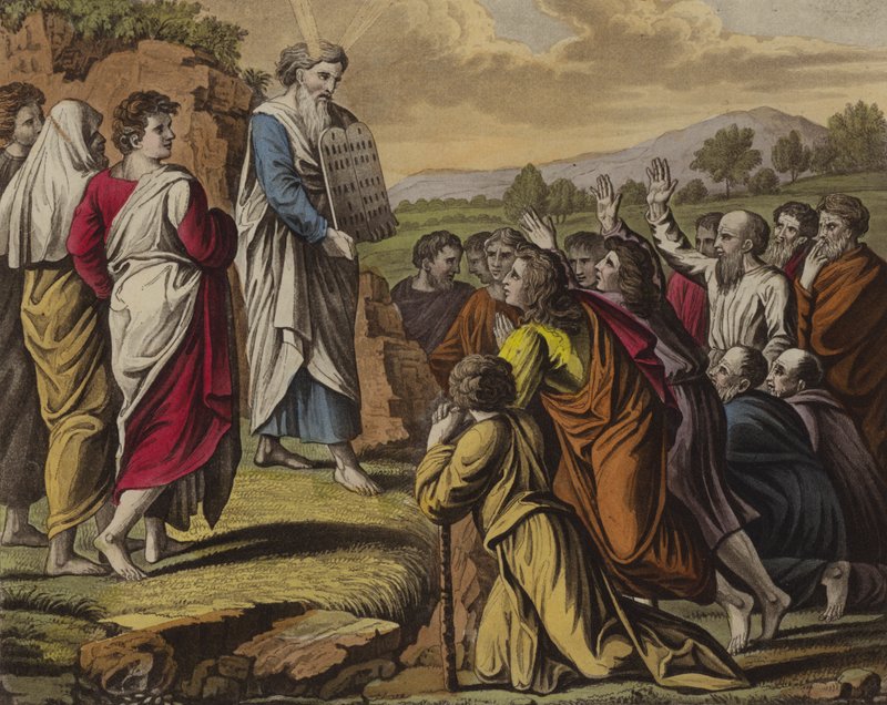Moses delivering the Ten Commandments by English School