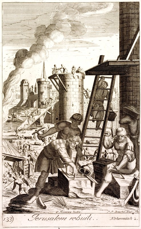 Nehemiah rebuilding the walls of Jerusalem by English School