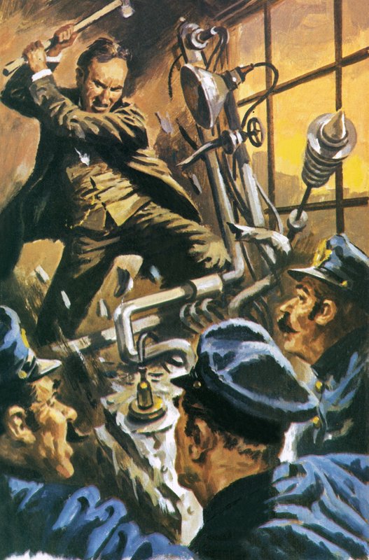 Nikola Tesla destroying his machine by English School