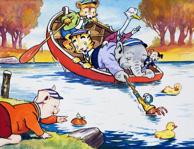 Nursery animals playing in boat by English School