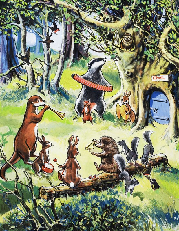 Nursery animals playing in wood by English School