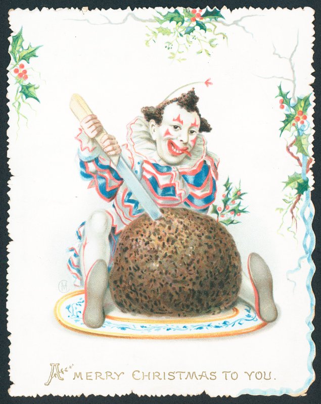 Pierrot cutting Plum Pudding, Christmas Card by English School