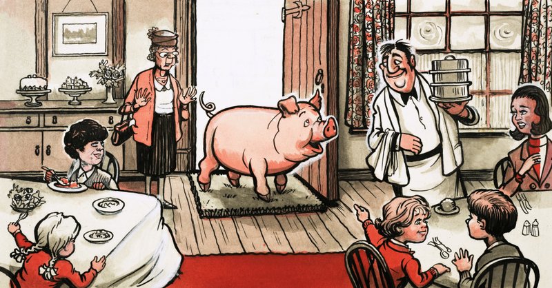 Pig entering a restaurant by English School