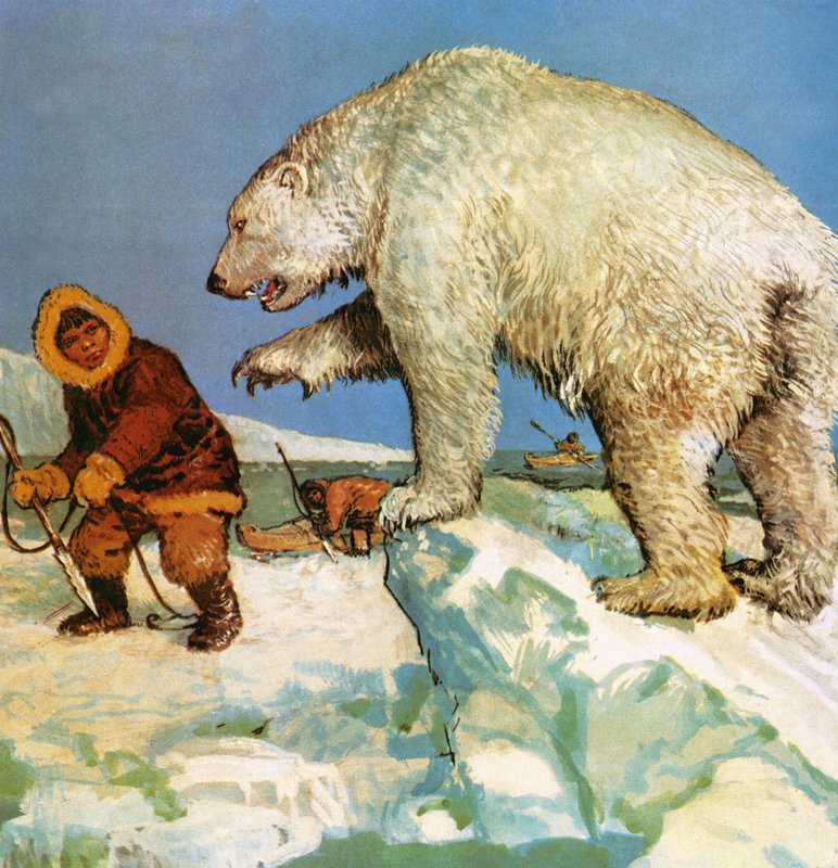 Polar bear and eskimos by English School