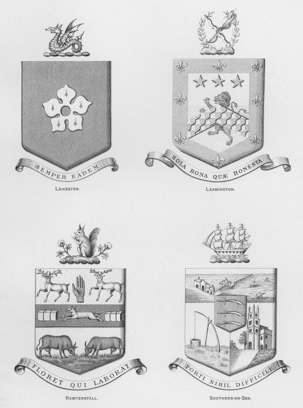 Public Arms: Leicester; Leamington; Rawtenstall; Southend-on-Sea (engraving) by English School