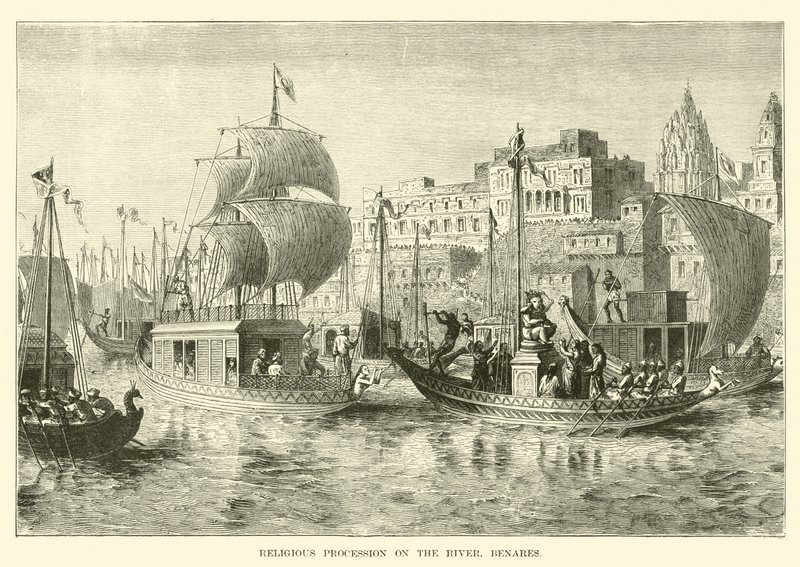 Religious Procession on the River, Benares by English School