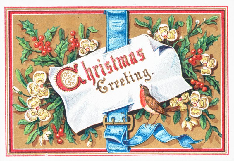Robin with message and flowers, Christmas Card by English School