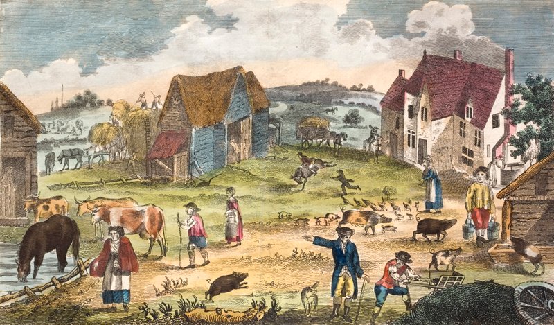 Rustic farmyard scene by English School