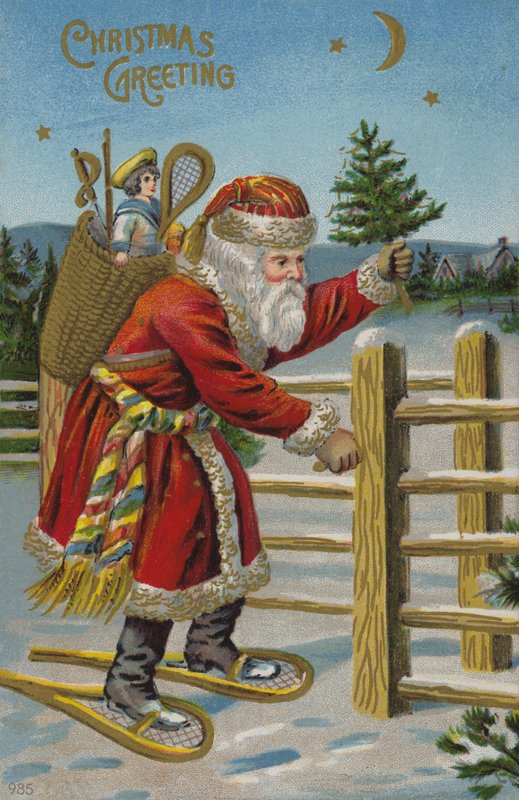 Santa Claus on snow shoes by English School