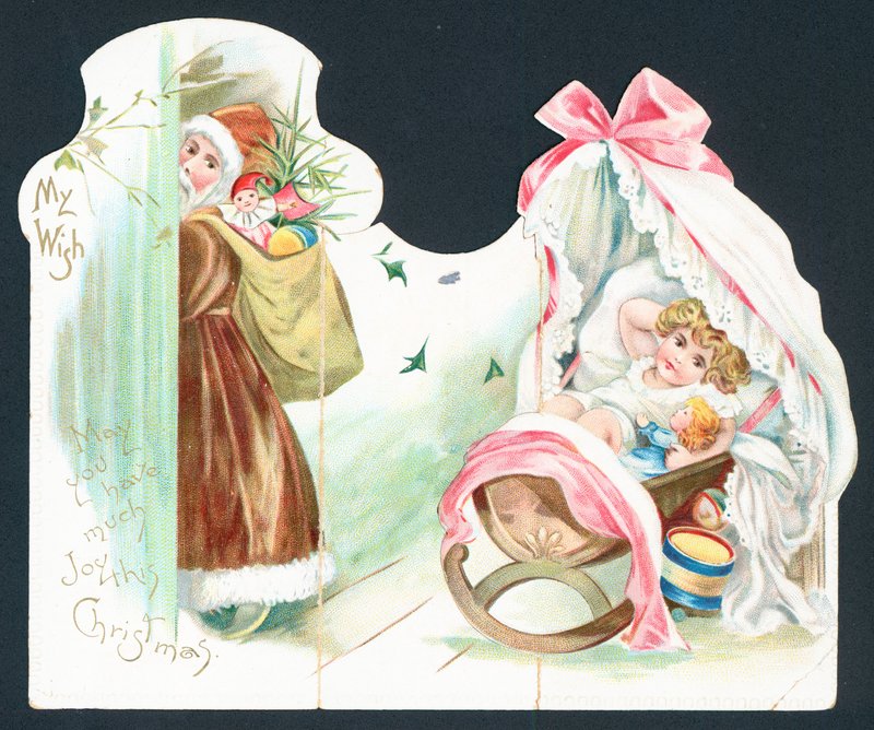 Santa visiting infant in crib by English School