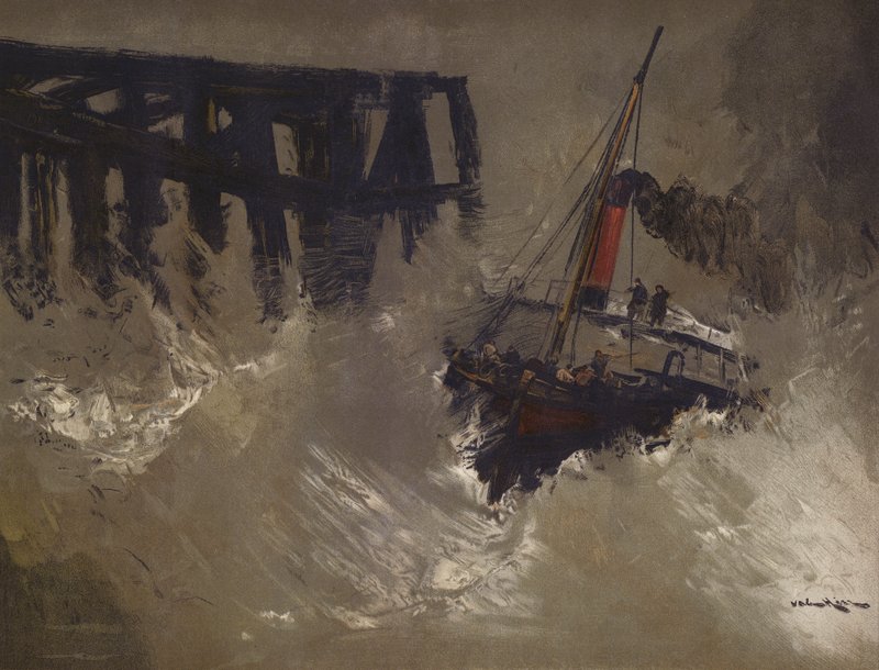 Ship battling big waves by English School
