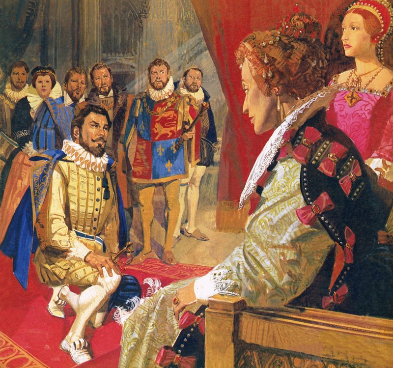 Sir Walter Raleigh before Queen Elizabeth by English School