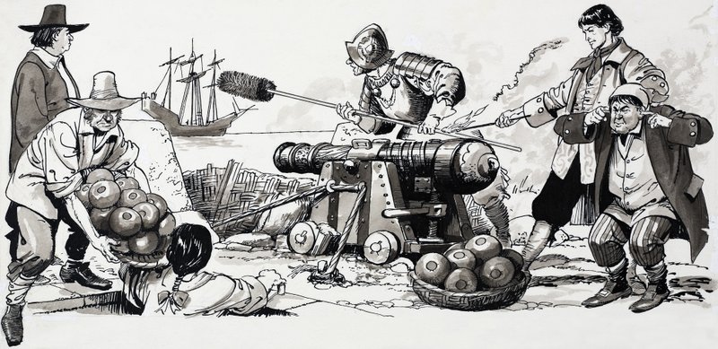Soldiers Firing a Cannon by English School