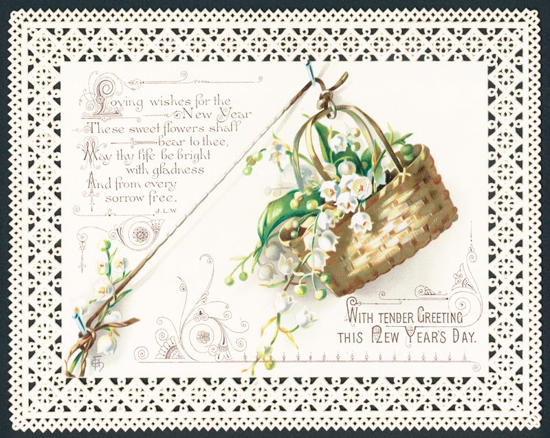 Swinging Basket of Flowers, New Year Card by English School
