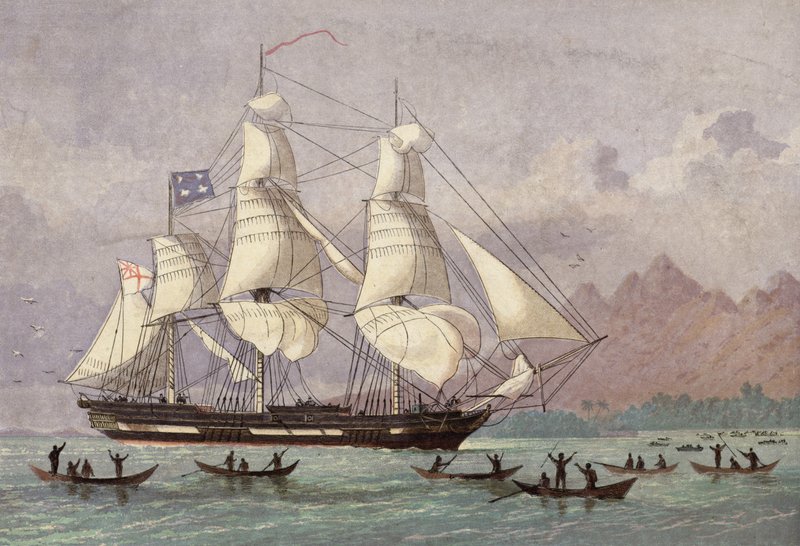 The Missionary Ship Duff Arriving at Tahiti by English School