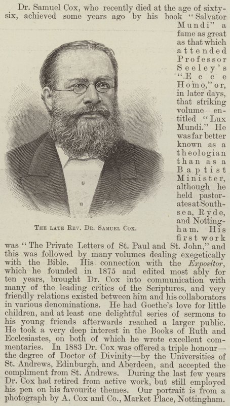 The Late Reverend Dr. Samuel Cox by English School