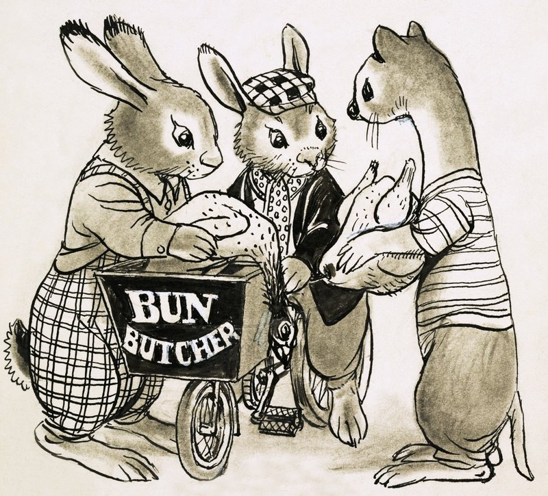 Three bunnies with dead chickens by English School