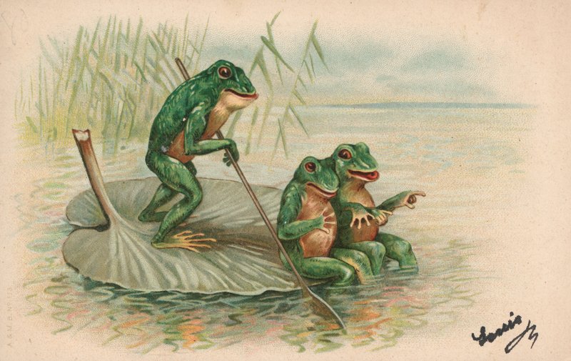 Three frogs sailing on a lily pad by English School