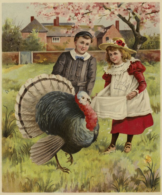 Two Young Children Standing Beside a Turkey by English School
