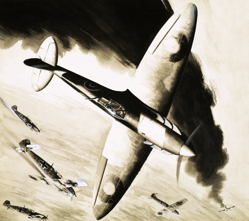 Unidentified Spitfire in Dogfight with German Fighters by English School