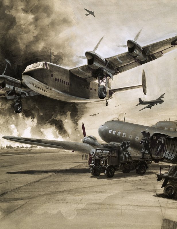 Unidentified aircraft with town aflame in background by English School