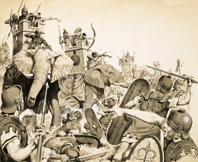 Unidentified battle involving elephants by English School