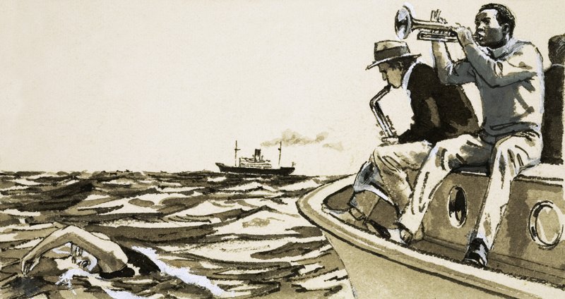 Unidentified jazz players on a boat by English School