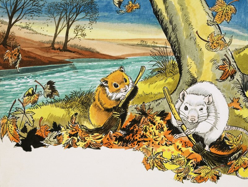 Unidentified scene of mice sweeping autumn leaves by English School