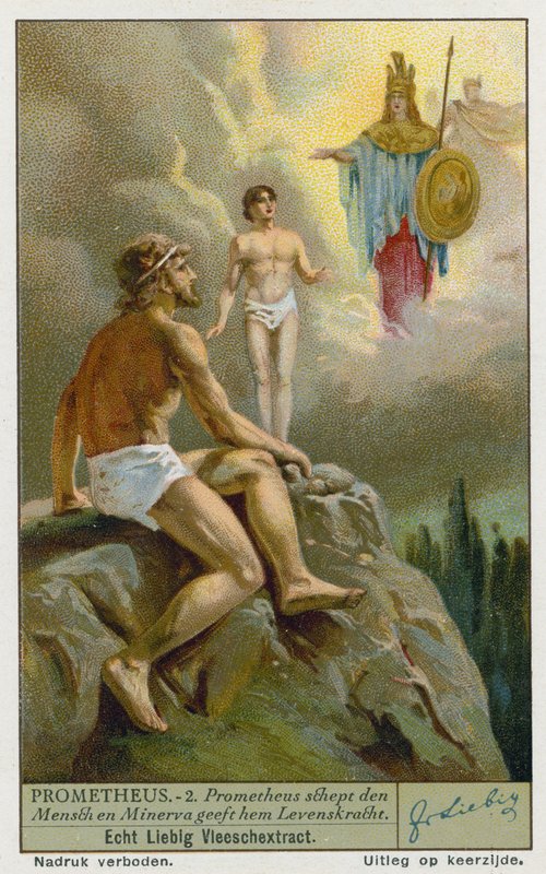 Prometheus creates man from clay and Athena (Minerva) gives him life by European School