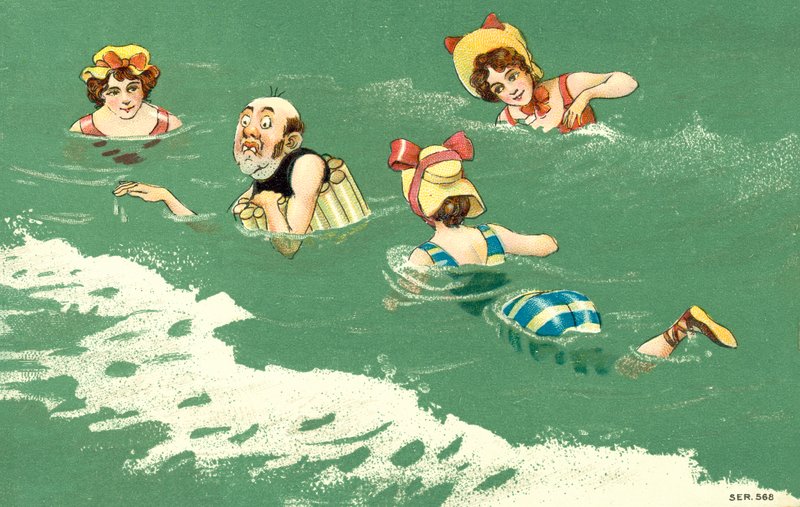 Comic Sea Bathing Scene by European School