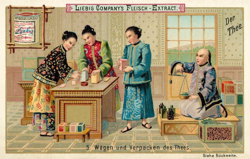 Weighing and packing tea by European School