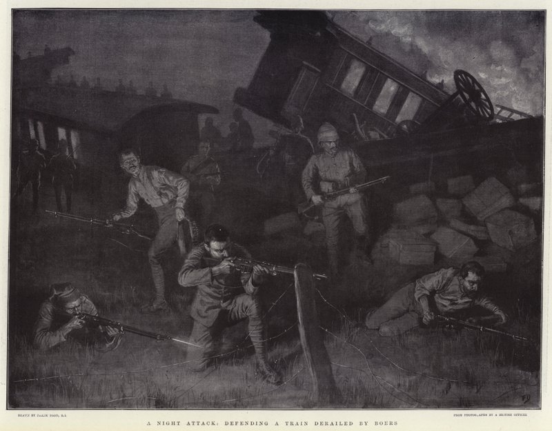 Night Attack, Defending a Train Derailed by Boers by Frank Dadd