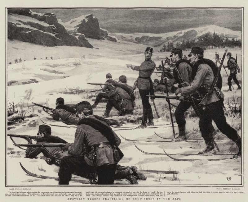 Austrian Troops Practising on Snow-Shoes in the Alps by Frank Dadd