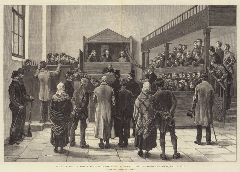 Opening of the New Irish Land Court in Connaught, a Sketch in the Claremorris Court-House, County Mayo by Frank Dadd