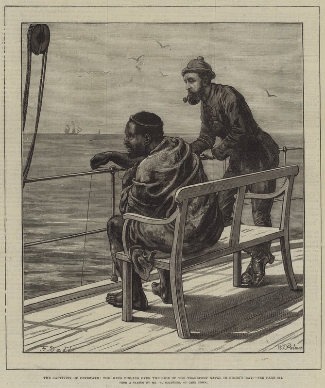 The Captivity of Cetewayo, the King fishing over the Side of the Transport Natal in Simon